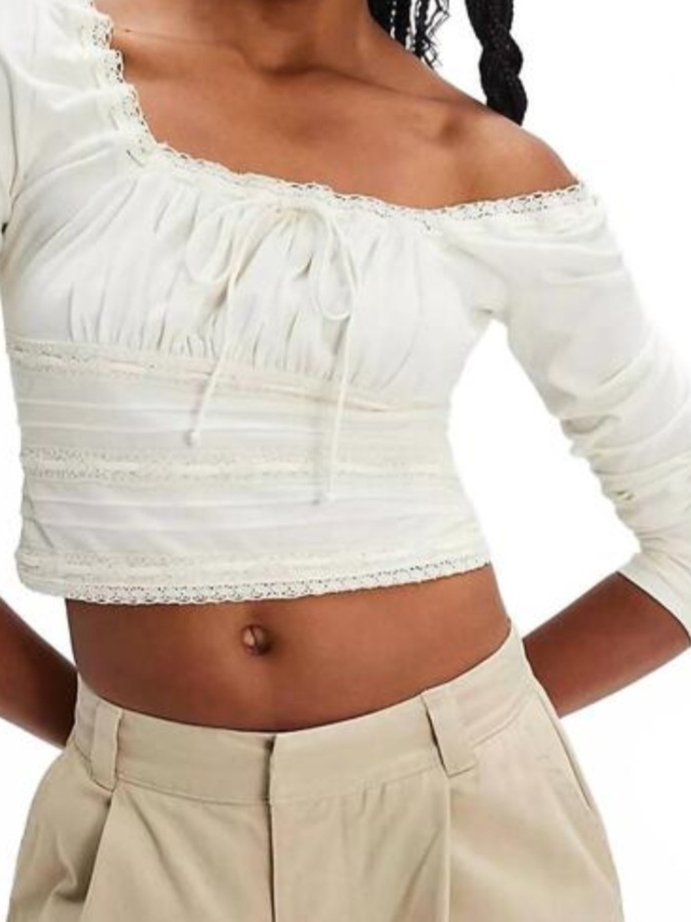 Free People Scarlet Off-Shoulder Lace Trim Crop Top In Cream, SZ L, NWT